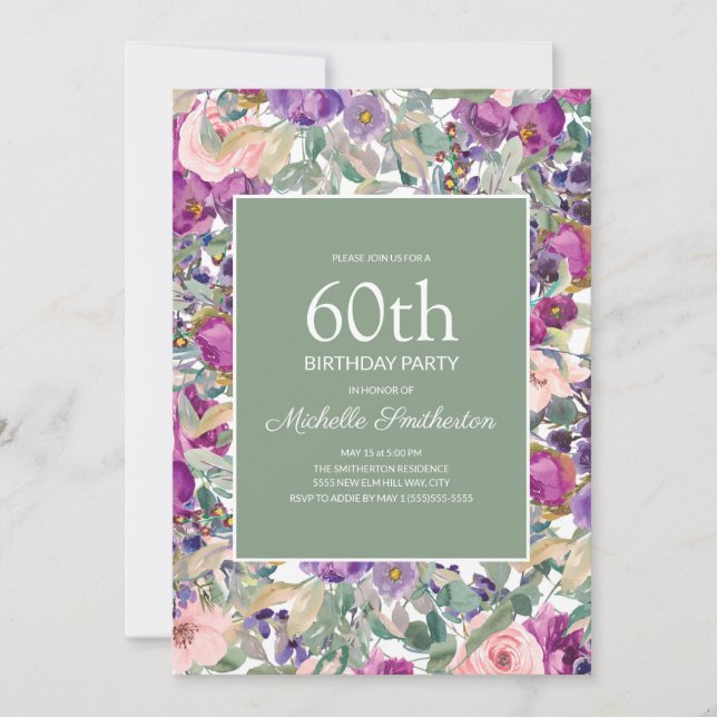 Purple Blush Pink Floral Sage Green 60th Birthday Invitation (Front)