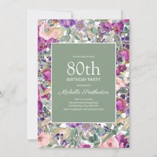 Purple Blush Pink Floral Sage Green 80th Birthday Invitation