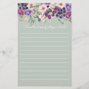 Purple Blush Pink Floral Sage Green White Lined Stationery