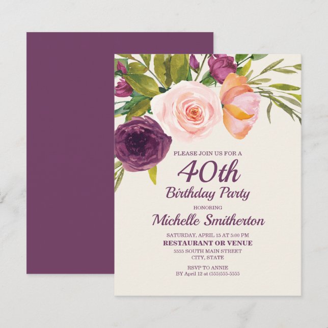 Purple Blush Pink Floral Women's 40th Birthday Card (Front/Back)
