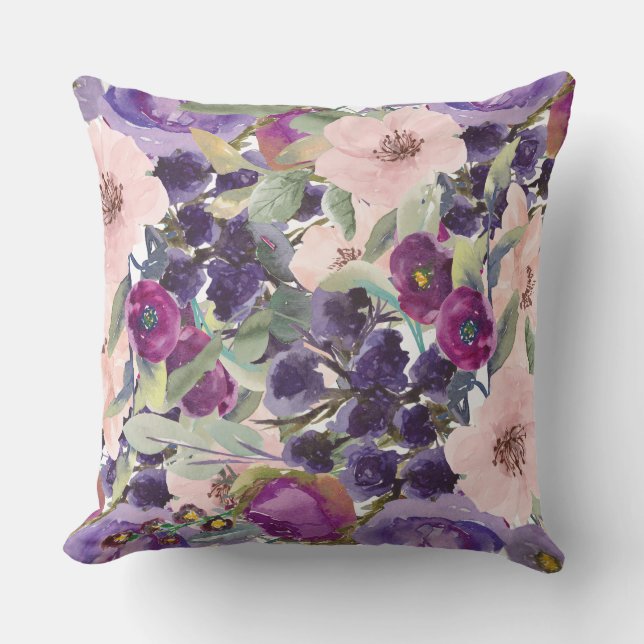 Purple Blush Pink Flowers Boho Botanical Cushion (Front)