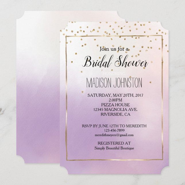 Purple Blush Pink Mist Romantic Gold Confetti Invitation (Front/Back)