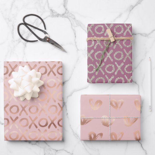 Purple Blush Pink Rose Gold Silver XOXO Wrapping Paper Sheet (Front)