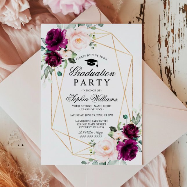 Purple & Blush Pink Rose Graduation Party Invitation (Creator Uploaded)
