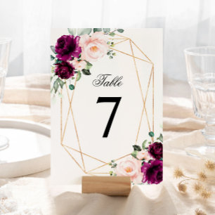 Purple & Blush Pink Rose Wedding Table Number