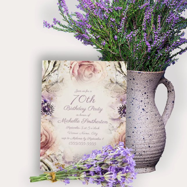 Purple Blush Pink Script Butterflies 70th Birthday Invitation (Creator Uploaded)