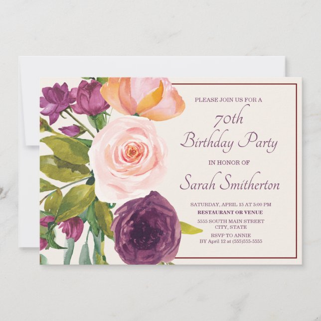 Purple Blush Pink Watercolor Floral Cream 70th (Front)