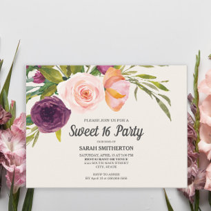Purple Blush Pink Watercolor Floral Ivory Sweet 16 Postcard