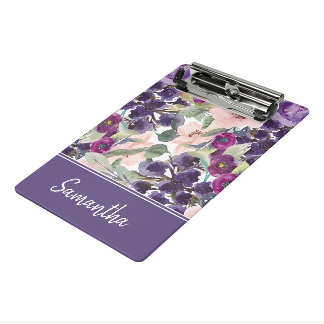 Purple Blush Pink Watercolor Floral Monogram Mini Clipboard (Angled3)