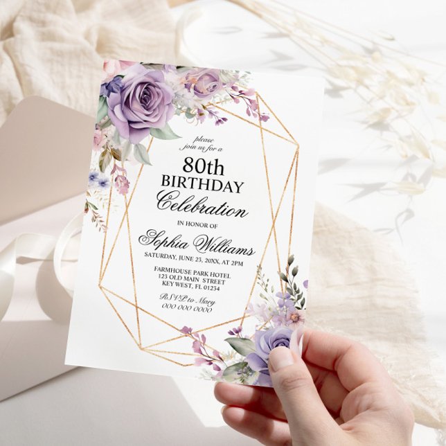 Purple & Blush Rose Flowers 80 Birthday Invitation (Creator Uploaded)