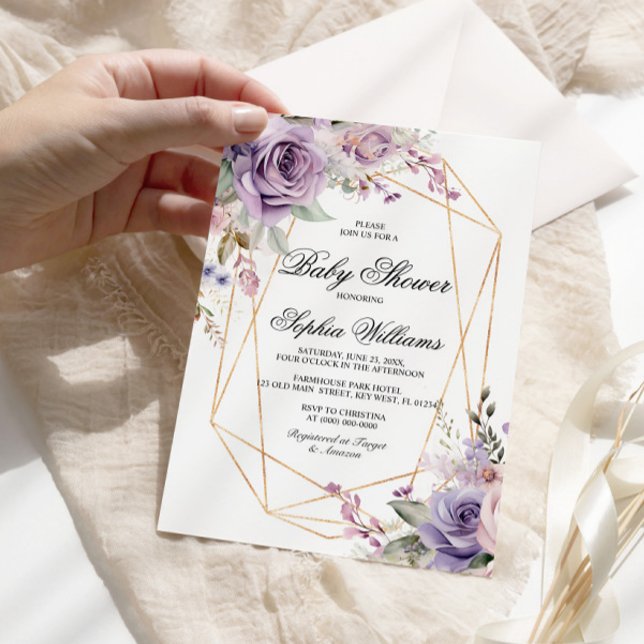 Purple & Blush Rose Flowers Baby Shower Invitation (Creator Uploaded)