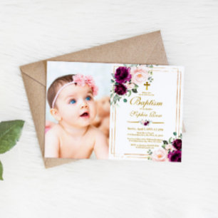 Purple & Blush Rose Flowers Photo Girl Baptism Invitation