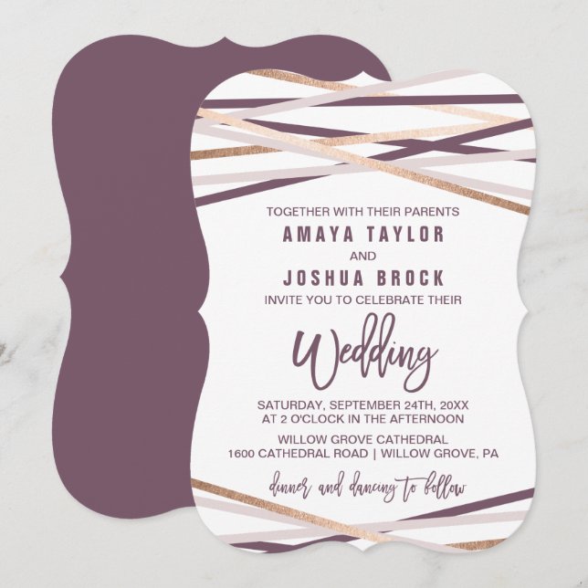Purple Blush & Rose Gold Streamers Bracket Wedding Invitation (Front/Back)