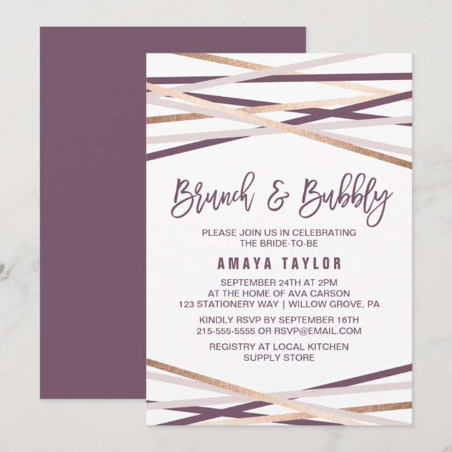 Purple Blush & Rose Gold Streamers Brunch & Bubbly Invitation (Front/Back)