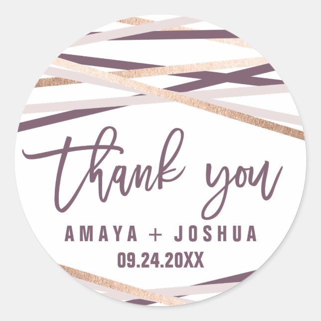 Purple Blush & Rose Gold Streamers Thank You Favou Classic Round Sticker (Front)