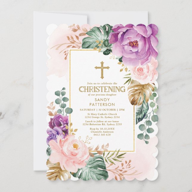 Purple Blush Tropical Botanical Floral Christening Invitation (Front)