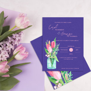 Purple & Blush Tulip Mason Jar Wedding Invitation Postcard