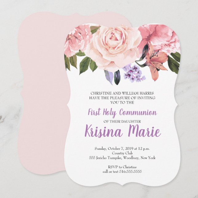 Purple, Blush, White Floral First Holy Communion Invitation (Front/Back)