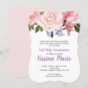 Purple, Blush, White Floral First Holy Communion Invitation