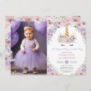 Purple Blush White Floral Unicorn Birthday Photo Invitation