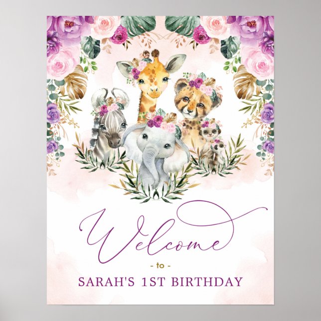 Purple Blush Wild Safari Animals Birthday Welcome Poster (Front)