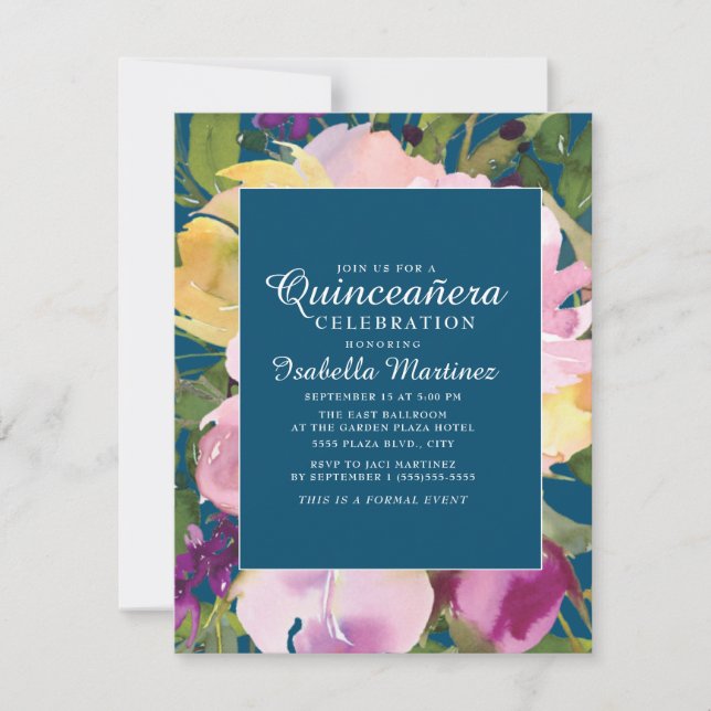 Purple Blush Yellow Floral Navy Blue Quinceañera Invitation (Front)