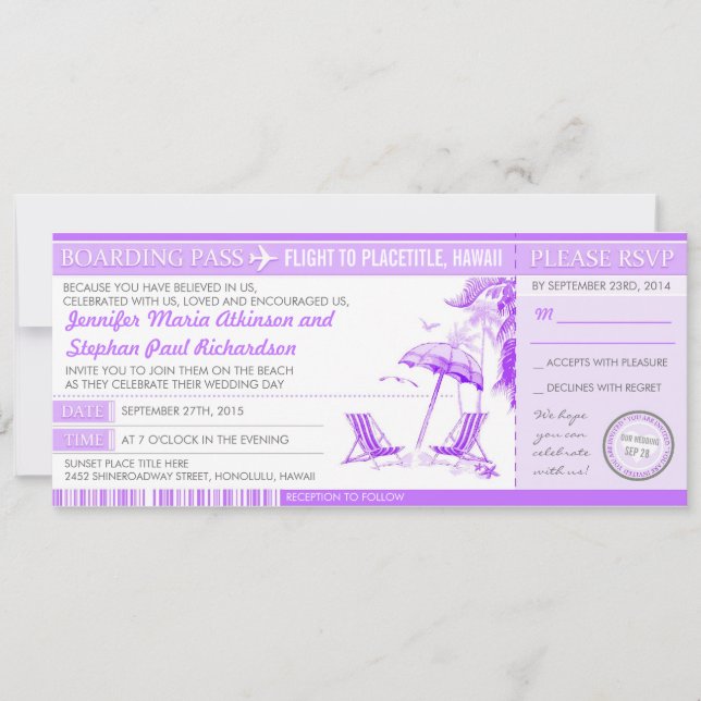purple boarding pass tickets wedding invitations (Front)