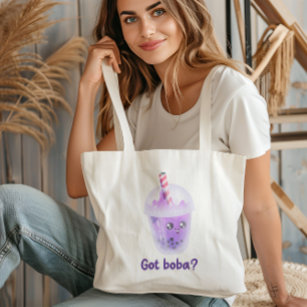 Purple Boba Tea Cute Happy Cartoon Face Drink Tote Bag