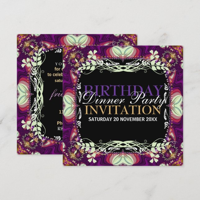 Purple Bohemian Birthday Dinner Party Event Invitation (Front/Back)