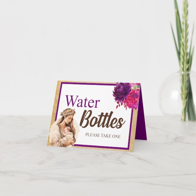 Purple Boho Baby Shower Water Bottle Table Card (Front)