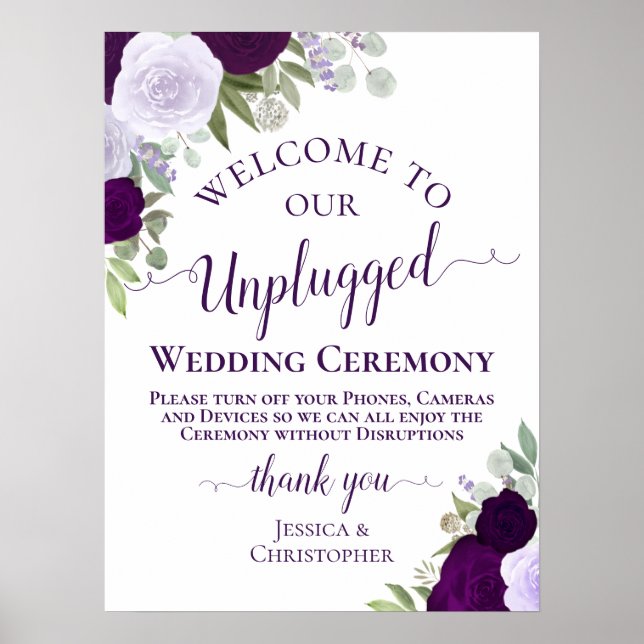 Purple Boho Chic Floral Unplugged Wedding Ceremony Poster (Front)