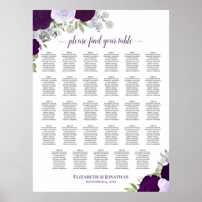 Purple Boho Floral 29 Table Wedding Seating Chart (Front)