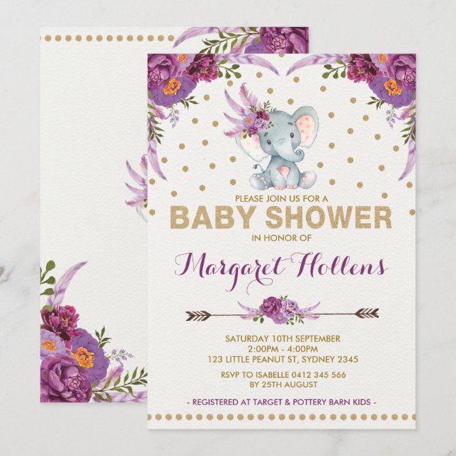 Purple Boho Floral Elephant Baby Shower Invite (Front/Back)