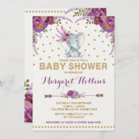 Purple Boho Floral Elephant Baby Shower Invite