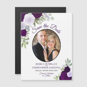 Purple Boho Floral & Photo Wedding Save the Date Magnetic Invitation