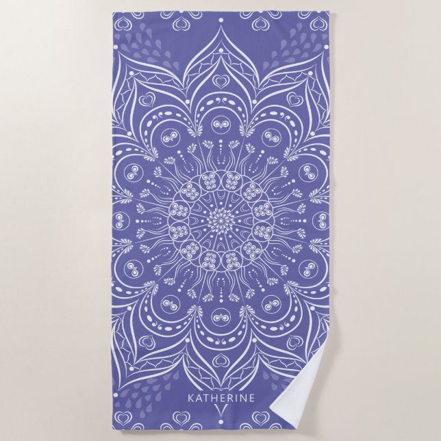 Purple Boho Mandala Elegant Modern Personalised Beach Towel (Front)