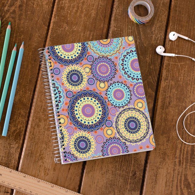 Purple Boho Mandala Geometric Pattern  Notebook (Colorful mandala spiral notebook with vibrant purple background and bold boho geometric pattern desi)