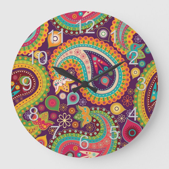 Purple Boho Paisley Large Clock (Front)