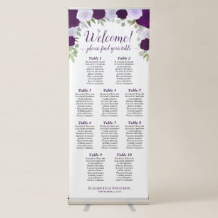Purple Boho Roses 10 Table Wedding Seating Chart Retractable Banner