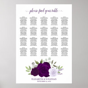 Purple Boho Roses 20 Table Wedding Seating Chart