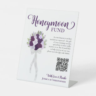 Purple Boho Roses Bouquet Honeymoon Fund QR Code Pedestal Sign