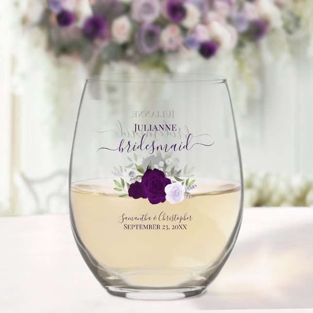 Purple Boho Roses Bridesmaid Maid of Honour Gift Stemless Wine Glass (Creator Uploaded)