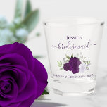 Purple Boho Roses Elegant Bridesmaid Wedding Shot Glass<br><div class="desc">These beautiful shot glasses are a fun and thoughtful way to thank your wedding bridesmaids. They feature a beautiful boho chic design with elegant script lettering and a cluster of hand painted watercolor roses in shades of purple plum, and lavender, along with eucalyptus leaves and garden greenery. The caption reads:...</div>