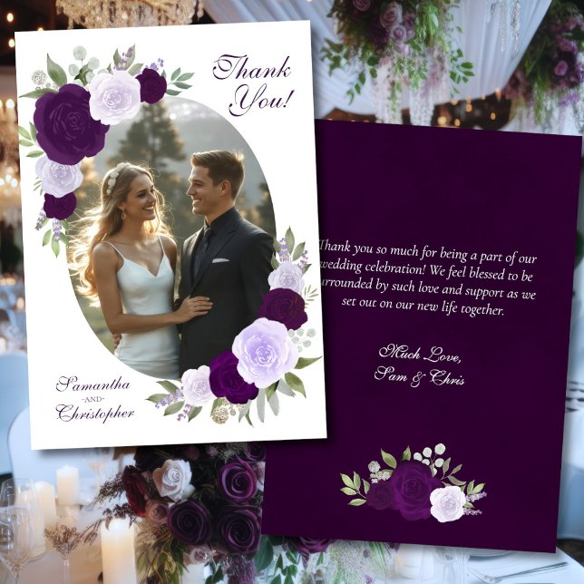 Purple Boho Roses Oval Photo Elegant Wedding Thank You Card (Front/Back)