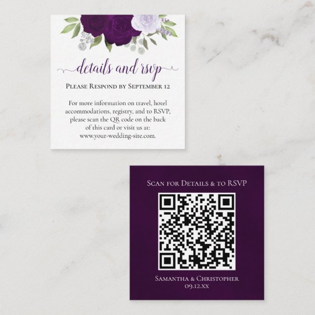 Purple Boho Roses Wedding Details & RSVP QR Code Enclosure Card (Front/Back)
