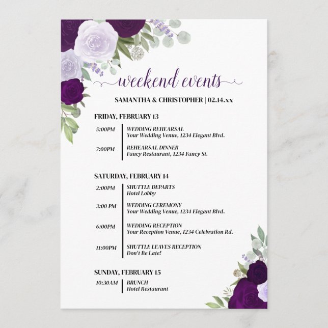 Purple Boho Roses Wedding Events & Timeline Programme (Front)