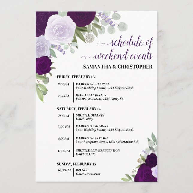 Purple Boho Roses Wedding Events & Timeline Programme (Front)