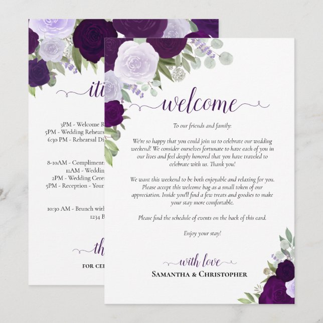 Purple Boho Roses Wedding Welcome & Itinerary Programme (Front/Back)