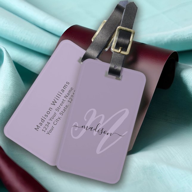 Purple Boho Script Monogram and Name Luggage Tag (Creator Uploaded)