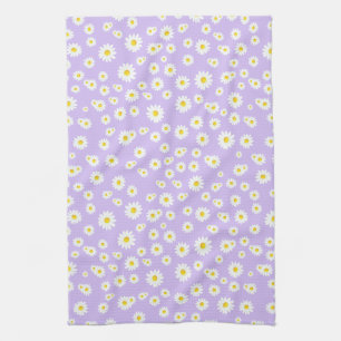 Purple Boho Spring Daisies Pattern Tea Towel